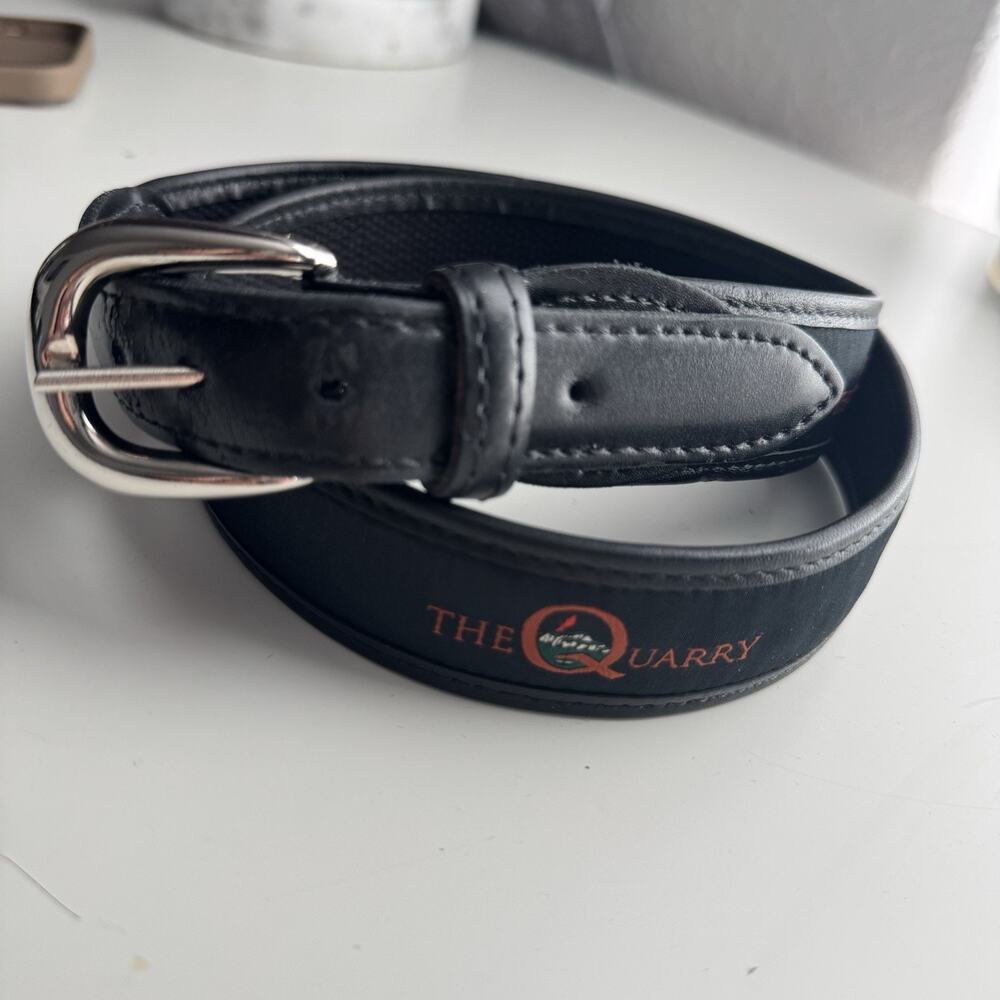 YRI Embroidered Canvas & Leather Ribbon Golf Belt The Quarry Size 36 Blue